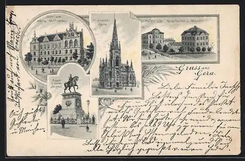 Lithographie Gera, Zabel`sche höhere Töchterschule, Kaiser Wilhelm-Denkmal, St. Johannes-Kirche