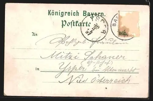 Lithographie Bamberg, Alte Hofhaltung, Altenburg und Wappen der Stadt