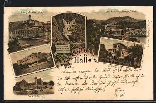 Lithographie Halle /Saale, Moritzburg, Bad Wittekind, Burg Giebichenstein