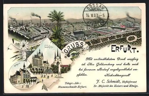 Lithographie Erfurt, Firma J. C. Schmidt, Eingangsbestätigung, Fabrikanlagen m. Stadtansicht von oben, Rathhaus