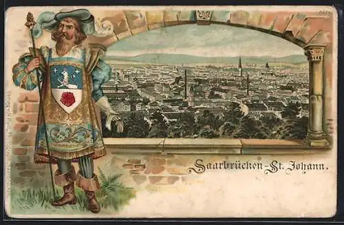 Passepartout-Lithographie Saarbrücken-St. Johann, Teilansicht, Wappen