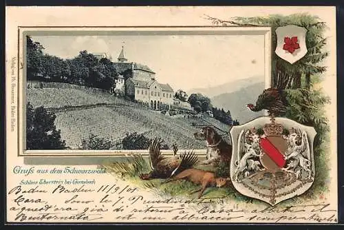 Passepartout-Lithographie Gernsbach, Schloss Eberstein und Stadtwappen
