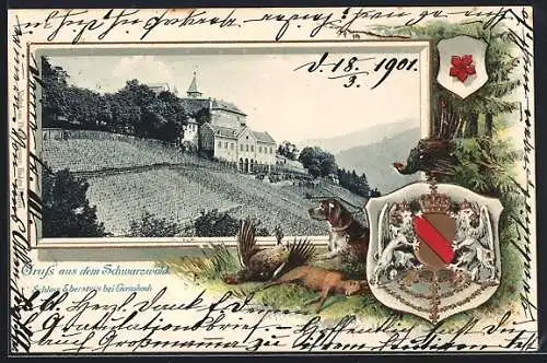 Passepartout-Lithographie Gernsbach, Schloss Eberstein und Stadtwappen