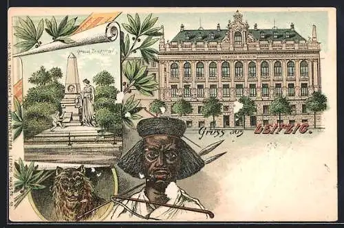 Lithographie Leipzig, Grassi-Museum mit Grassi-Denkmal