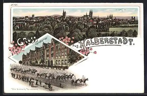 Lithographie Halberstadt, Panorama und Umzug in der Spiegelstrasse