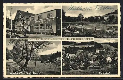 AK Wallefeld, Gasthof A. Häner, Landschaft am Haldy-Berg und Freibad