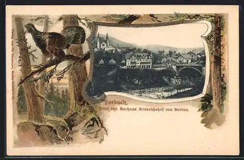 Passepartout-Lithographie Forbach, Hotel Friedrichshof von Norden, Rahmen mit Auerhahn