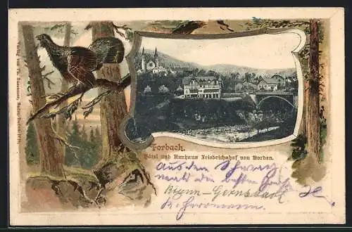 Passepartout-Lithographie Forbach, Hotel und Kurhaus Friedrichshof von Borden, Auerhahn