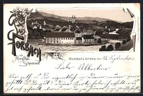 Lithographie Forbach, Ortsansicht mit Kirche