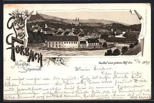 Vorläufer-Lithographie Forbach im Murgthal, 1895, Gasthof zum grünen Hof mit Flusspartie