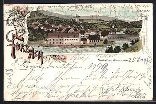 Lithographie Forbach im Murgthal, Gasthof zum Sternen mit Ortsansicht