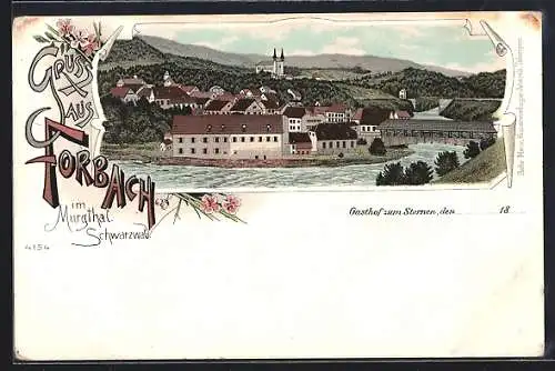 Lithographie Forbach im Murgthal, Gasthof zum Sternen, Ortsansicht mit Flusspartie