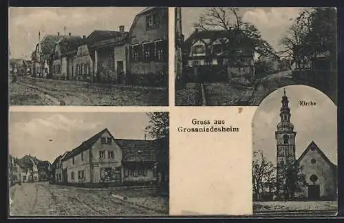 AK Grossniedesheim, Strassenpartien mit Geschäften, Blick auf die Kirche