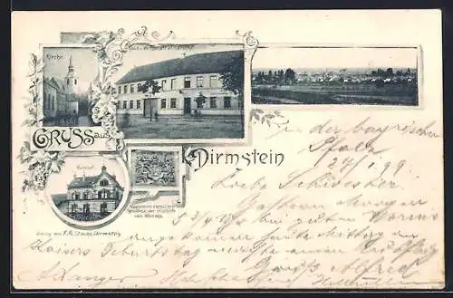 AK Dirmstein, Gasthaus von F. R. Stocke, Bahnhof, Kirche, Wappen der ehem. Residenz der Bischöfe von Worms