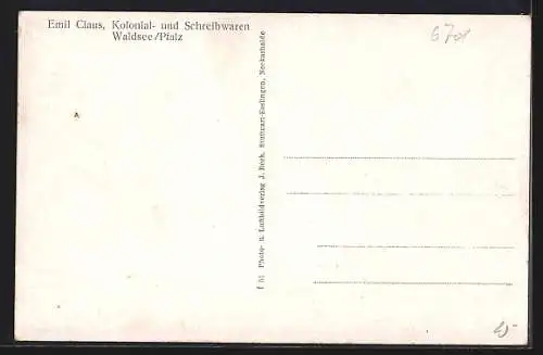 AK Waldsee /Pfalz, Kolonialwarengeschäft von Emil Klaus, Kirche und Strassenpartie