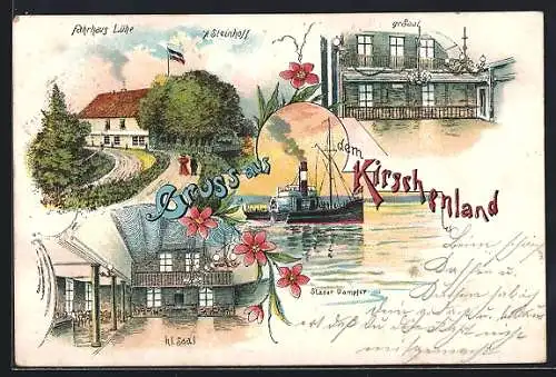 Lithographie Lühe / Jork, Gasthaus Fährhaus Kirschenland von A. Steinhoff, Grosser und kleiner Saal, Stader Dampfer