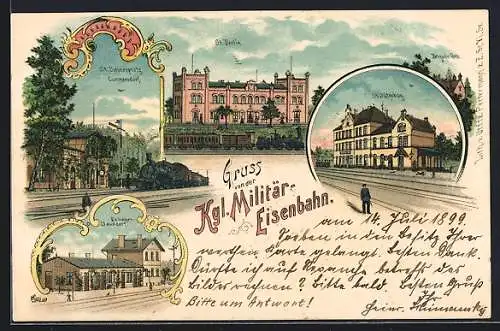 Lithographie Jüterbog, Bahnhof der Kgl. Militär-Eisenbahn, St. Schiessplatz Cummersdorf, St. Berlin, Rehagen-Clausdorf