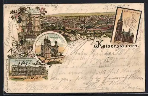 Lithographie Kaiserslautern, Ansicht der Synagoge, Gewerbe-Museum, Bismarck-Denkmal