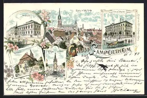 Lithographie Lampertheim, Blick auf den Ort, Neue Schulen, Alte Schulen, Blumen