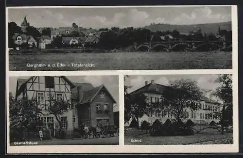 AK Bergheim / Eder, Geschäftshaus, Schloss und Totalansicht