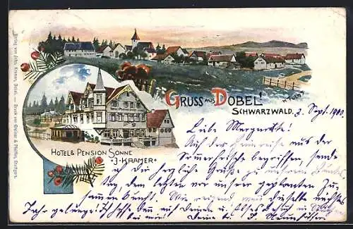 Künstler-AK Dobel /Schwarzwald, Hotel und Pension Sonne, Bes. J. Kramer