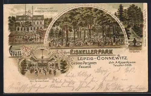 Lithographie Leipzig-Connewitz, Restaurant zum Eiskellerpark mit Gartenwirtschaft und Concert-Saal
