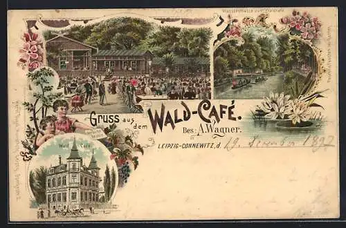 Lithographie Leipzig-Connewitz, Wald-Café, Wasserstrasse zum Waldcafé