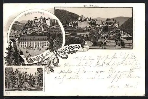 Lithographie Hardenburg, Gasthof zum Hirsch, Ruine Hardenburg mit innerem Burghof