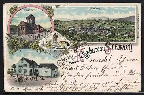 Lithographie Seebach / Bad Dürkheim, Kloster-Kirche, Käsbureau, Ortsansicht