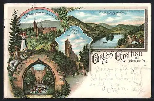 Lithographie Bad Dürkheim, Klosterruine Limburg, Durchblick nach der Krypta