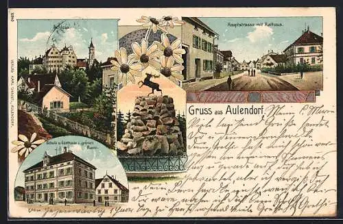 Lithographie Aulendorf, Schule und Gasthaus zum grünen Baum, Hauptstrasse mit Rathaus