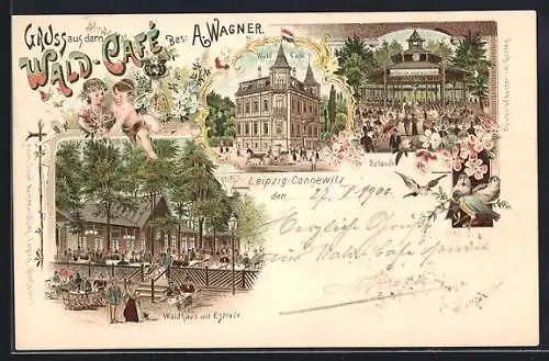 Lithographie Leipzig-Connewitz, Das Wald-Café v. A. Wagner, Rotunde, Waldhaus mit Estrade