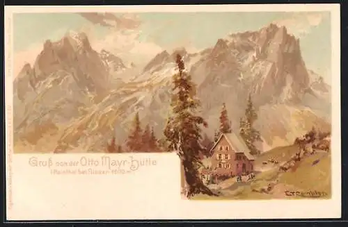 Künstler-AK Edward Theodore Compton: Otto Mayr-Hütte, Berghütte der Section Augsburg mit Bergen