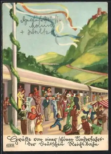 AK Menschen vor einem Zug der Deutschen Reichsbahn