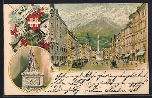 Vorläufer-Lithographie Innsbruck, 1893, Maria Theresien.Strasse mit Strassenbahn, Wappen und Andreas Hofer-Denkmal