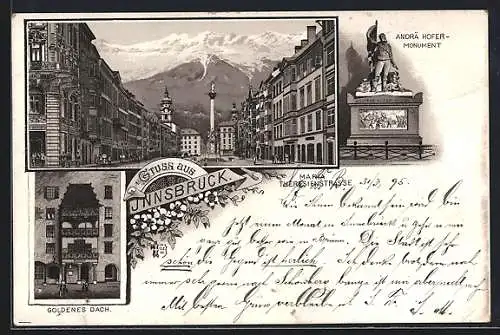 Vorläufer-Lithographie Innsbruck, 1895, Maria Theresienstrasse, Andrä Hofer-Monument