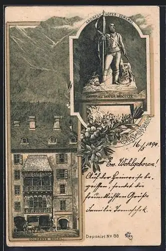 Vorläufer-Lithographie Innsbruck, 1894, Gasthaus Goldenes Dachl, Andreas Hofer-Denkmal