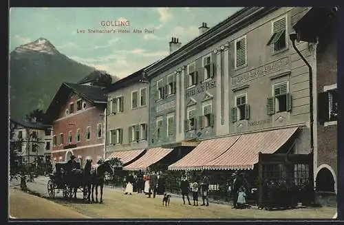 AK Golling, Hotel Alte Post v. L. Steinacher, Pferdekutsche