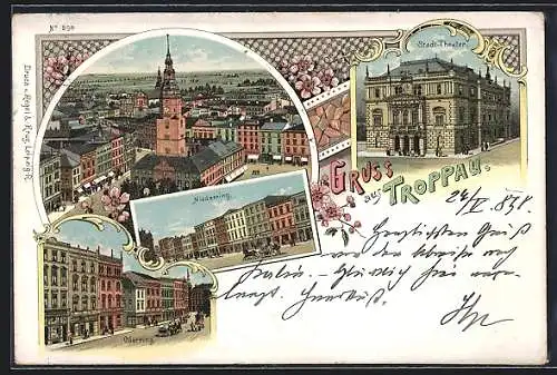 Lithographie Troppau, Niederring, Oberring und Stadttheater