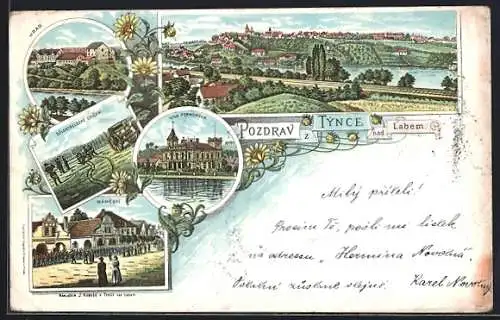 Lithographie Tynec nad Labem, Celkový pohled, Hrad, Namesti, Vila Pernerova