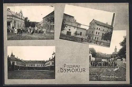 AK Dymokur, Strassenpartie, Fabrikgebäude und Hof