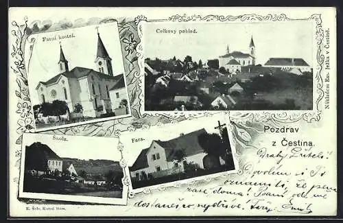 AK Cestin, Celkový pohled, Farni kostel, Skola, Fara