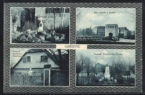 AK Obríství, Pomník Bedricha Smetany, Pomník Svatopluka Cecha, Jez, zámek a kostel