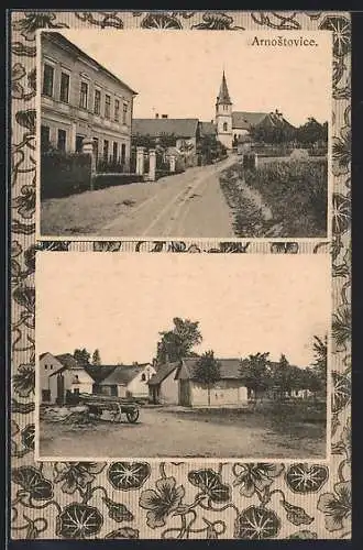 AK Arnostovice, Strassenpartie mit Schule und Blick zur Kirche