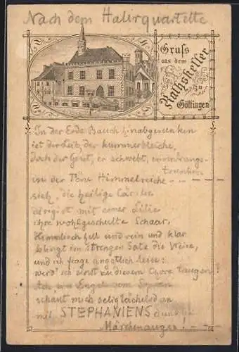 Lithographie Göttingen, Gasthaus Rathskeller, Aussenansicht, Druck ca. 1888