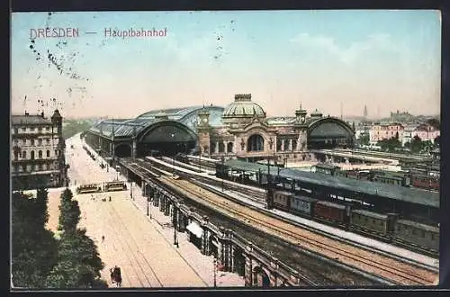 AK Dresden, Blick auf den Hauptbahnhof mit Strassenbahn