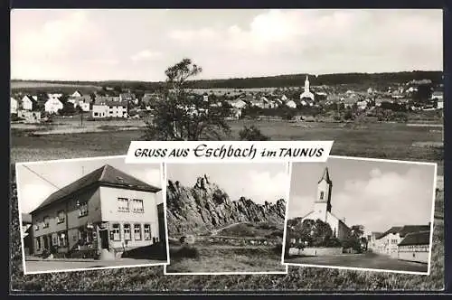 AK Eschbach im Taunus, Gesamtansicht, Kirche und Gasthaus Zum Deutschen Haus