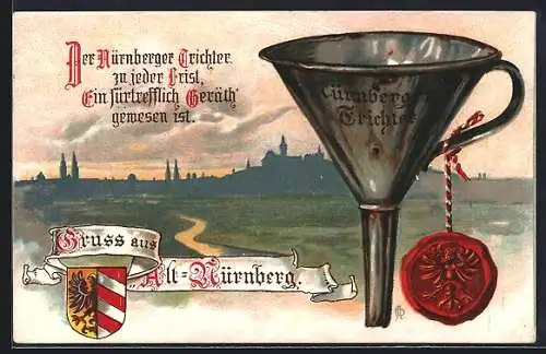 Lithographie Nürnberg, Nürnberger Trichter mit Stadtsiegel und -wappen