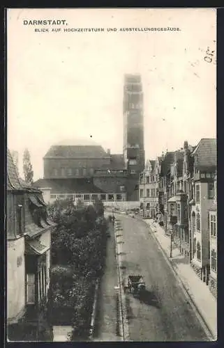 AK Darmstadt, Blick auf Hochzeitsturm und Ausstellungsgebäude