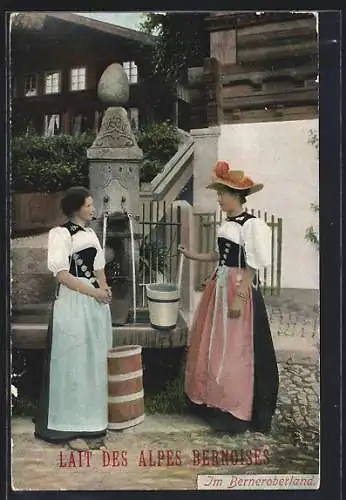 AK Bern, Lait des Alpes Bernoises, Schweizerinnen am Brunnen